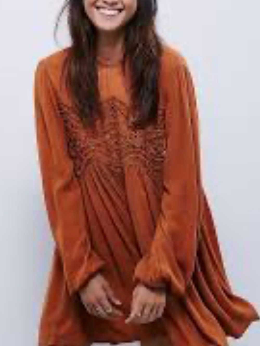 Free People Sweet Little Thing tunic. Burnt orange long sleeve with lace panel.